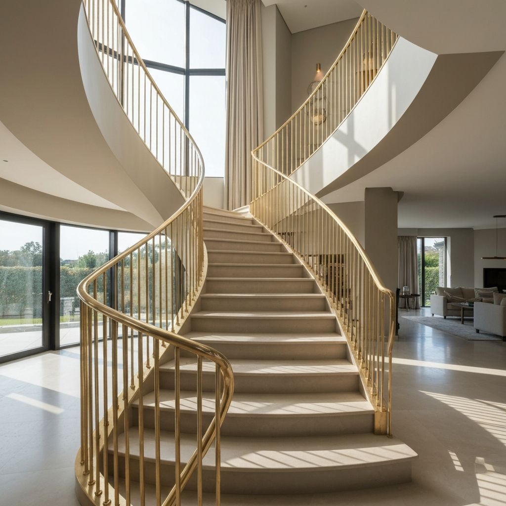 Bespoke curved staircase with hand-finished brass railings