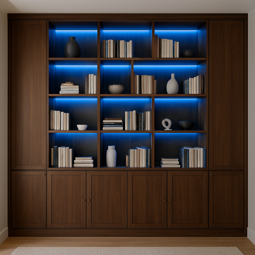 Contemporary media wall with concealed storage and LED lighting in London