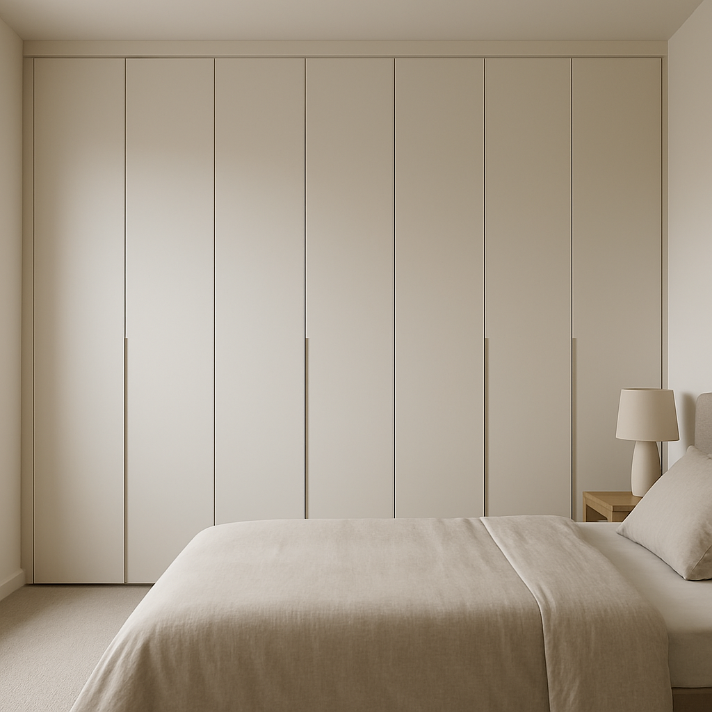 Full-height minimalist fitted wardrobes in a London bedroom